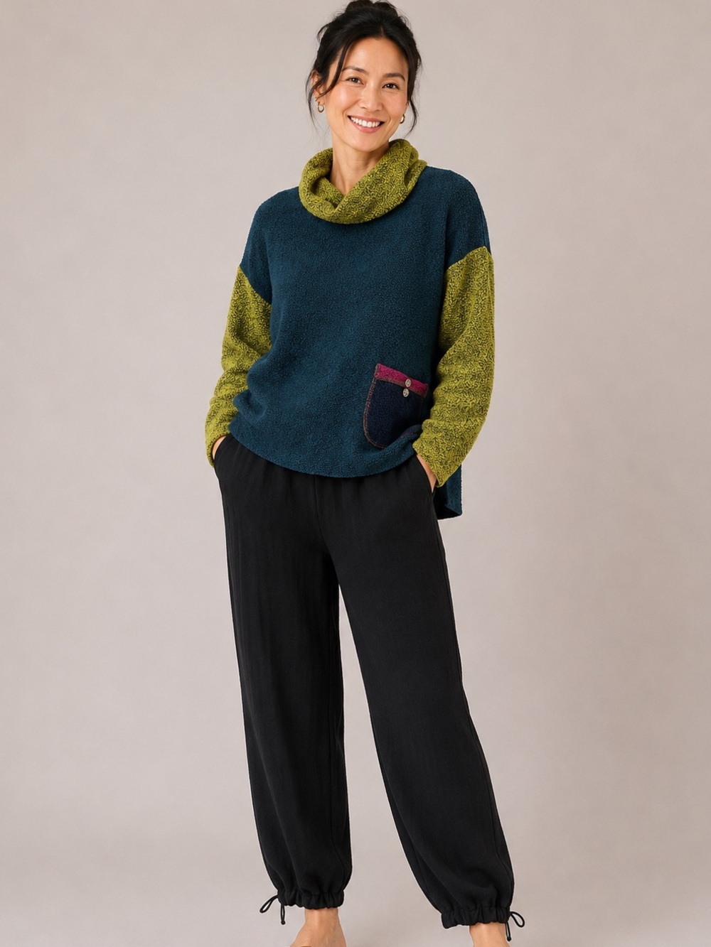 Margaret Winters Two-Tone Green Knit Turtleneck Sweater - Whimsy, Cozy